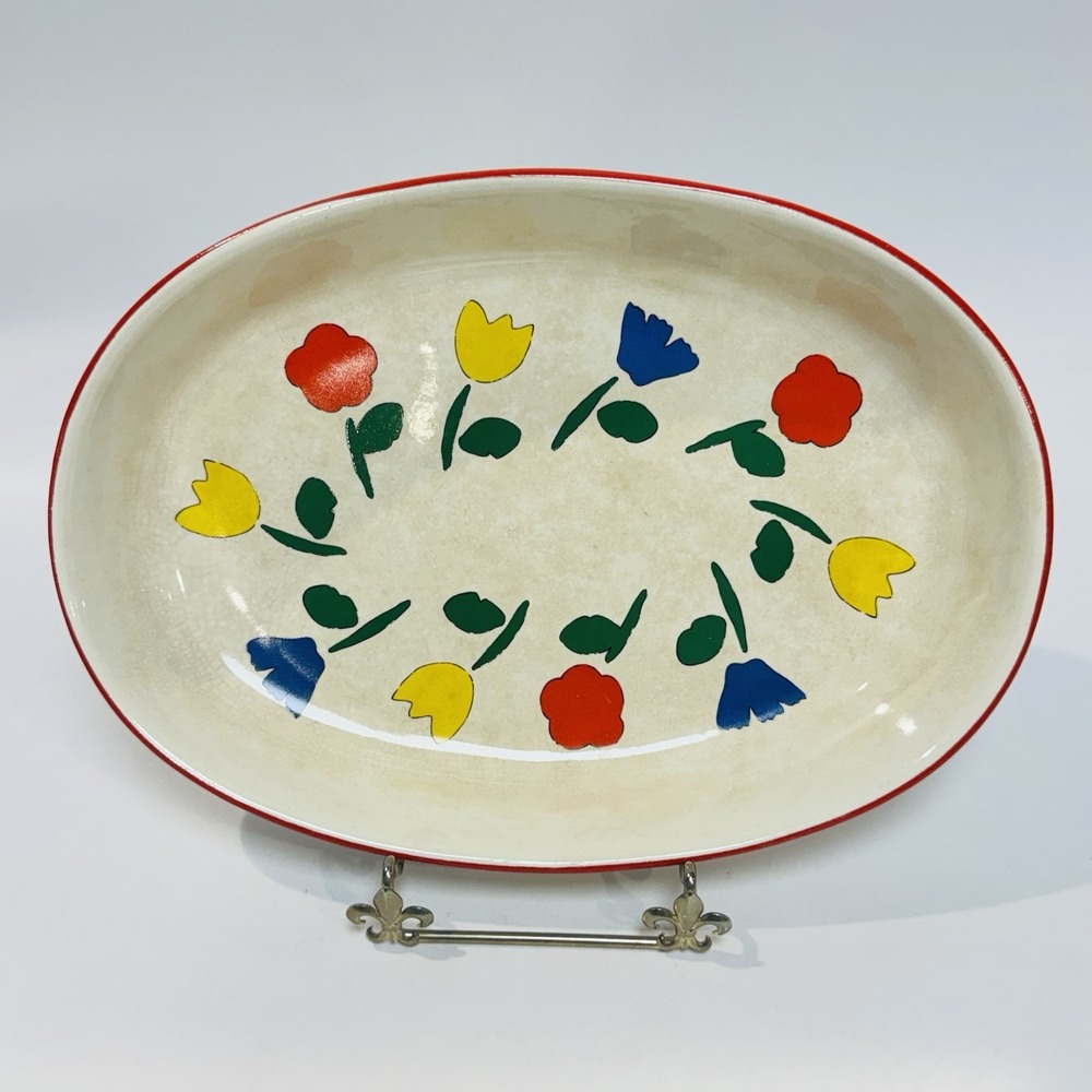 Vintage Oval Stoneware Baking Dish Hand Painted Tulips In Primary Colors‎ 1980s